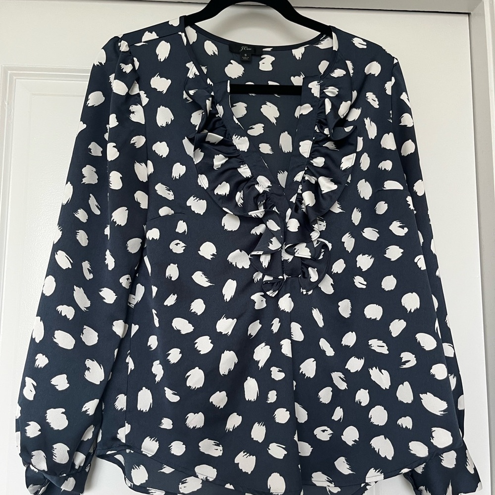 J Crew Long-sleeve ruffle-front top in brushstroke print navy and white